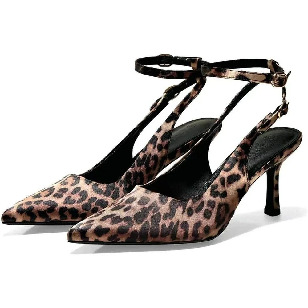 Leopard Animal Print Pointed Toe Stiletto Heels Slingback Ankle Strap NIB Sz 8.5